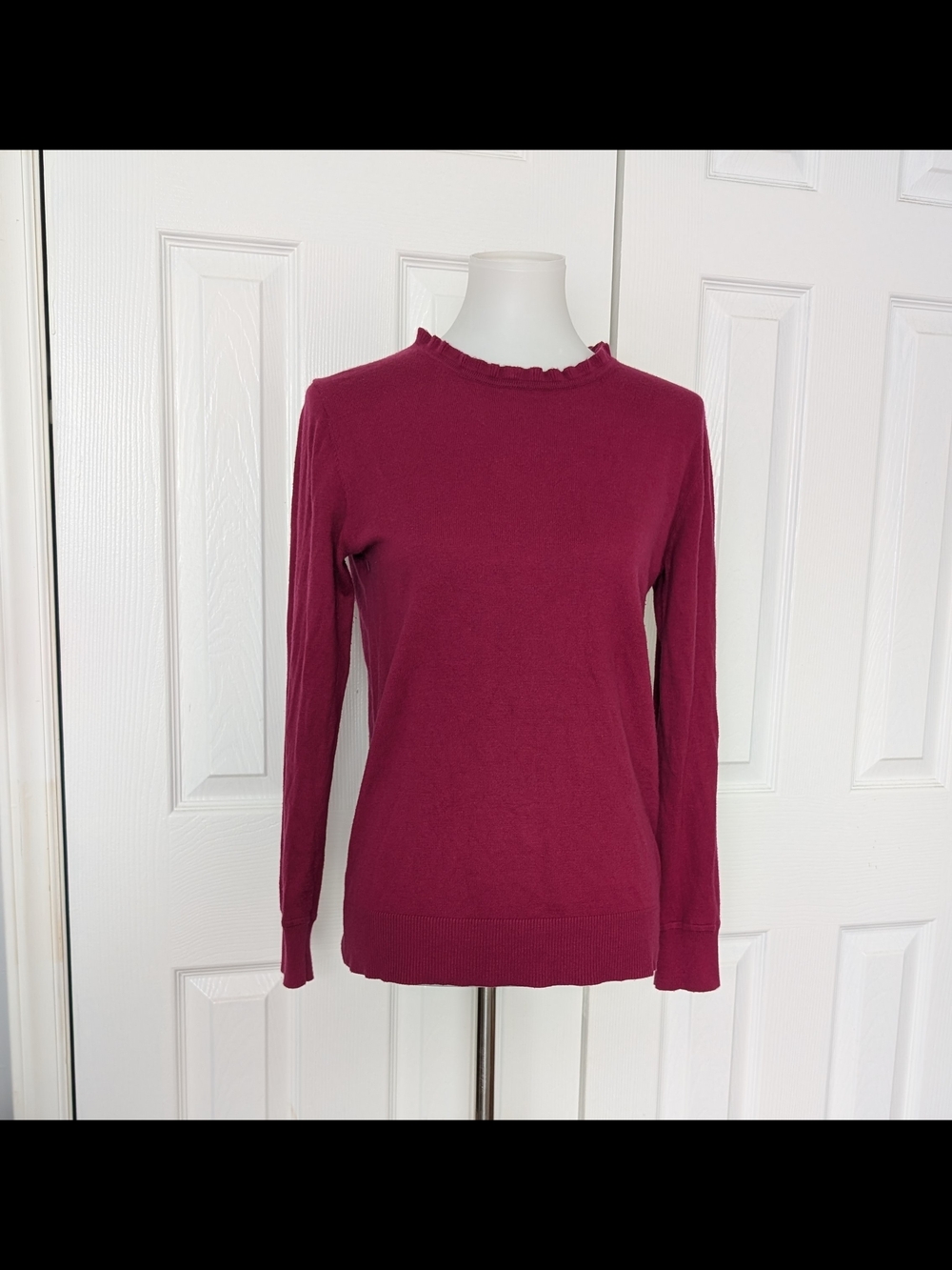 Women’s Magenta Long-Sleeve Ruffle Neck Sweater | Cotton Cashmere Blend | Size S